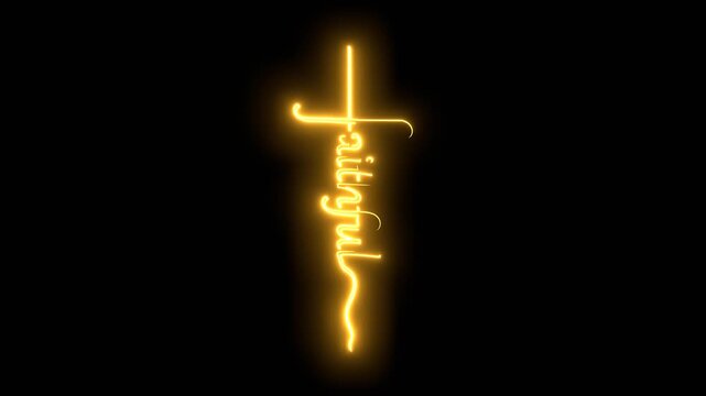 Faithful word in the shape of a cross. Christian, religious and church typography concept. Decorated Christian cross. Religion concept. Holy cross pictogram. Neon glowing.