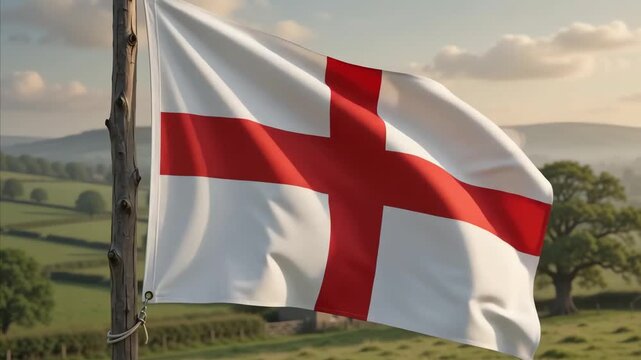 England flag with red cross on white background, set against a picturesque landscape with trees, sky, sunlight, and green fields. Suitable for patriotic themes.