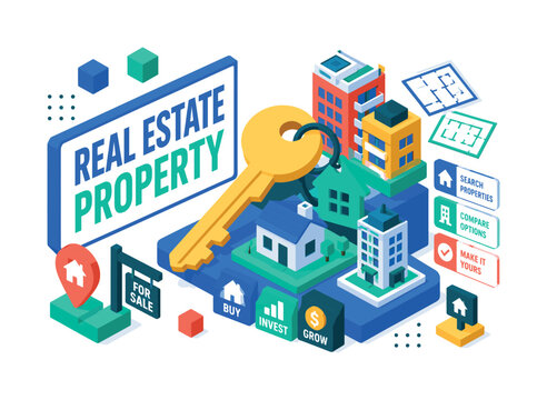 Real Estate Property , oversized house key with bold geometric depth, stacked building blocks and floating floor plans, asymmetric editorial layout, electric blue and mint with warm yellow accents,