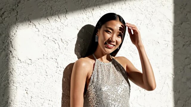 gorgeous asian woman in sparkling silver sequin dress smiling at camera. glamorous female portrait near white wall with strong sun shadows. party invitation, fashion magazine, luxury lifestyle.