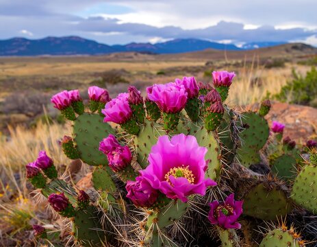 Close-up of vibrant pink cactus flowers blooming in a desert landscape, framed by a blurred background of mountains and sky