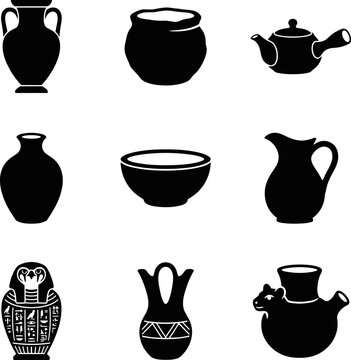 Ancient pottery collection with decorated amphora bowl jug and unique animal shaped vessel for historical museum illustration isolated on transparent background set.