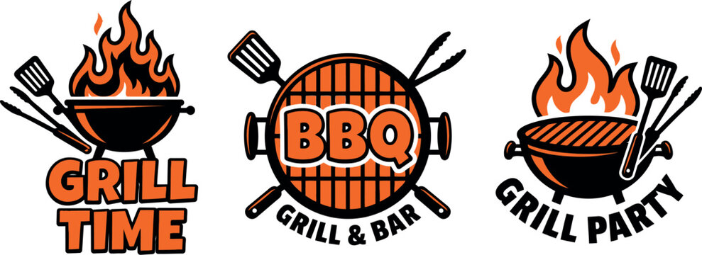 Vintage BBQ grill logo set, retro barbecue party labels, 3 vector emblems isolated on Transparent Background