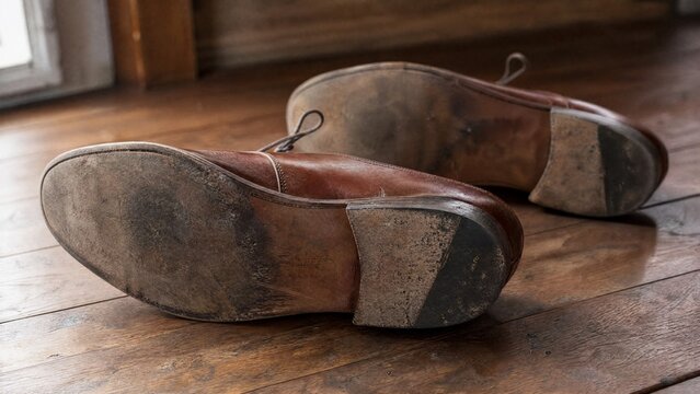 Worn brown leather shoes on wooden floor.