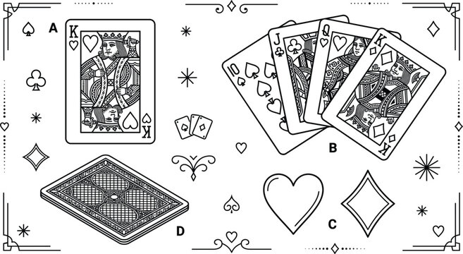 Playing cards vector element set with king queen jack royal flush poker game deck tattoo style line art