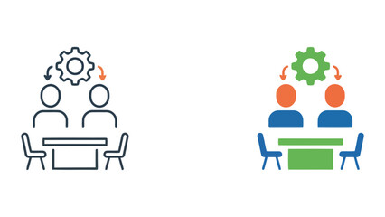 Fototapeta premium Business people sitting around table with gear icon and downward arrows representing workflow management and operational analysis as vector illustration set