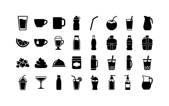 Drink Bar Symbols. Solid glyph icon set of Beverages: highball glass, espresso cup, handled mug, sports bottle, bendy straw, tropical coconut, citrus wedge, herbal teacup, cappuccino glass, juice