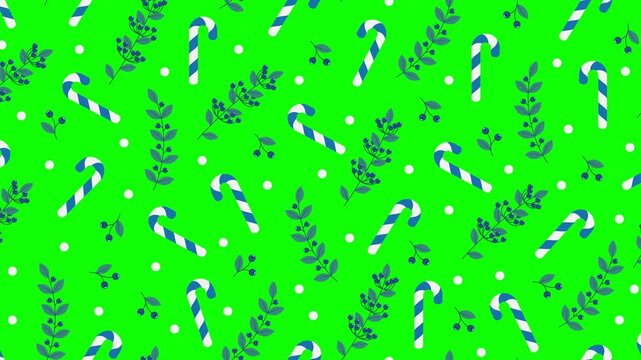 Leaves and berries with candy cane seamless pattern animation. Perfect for holiday decoration. Winter holidays theme. 4K animation