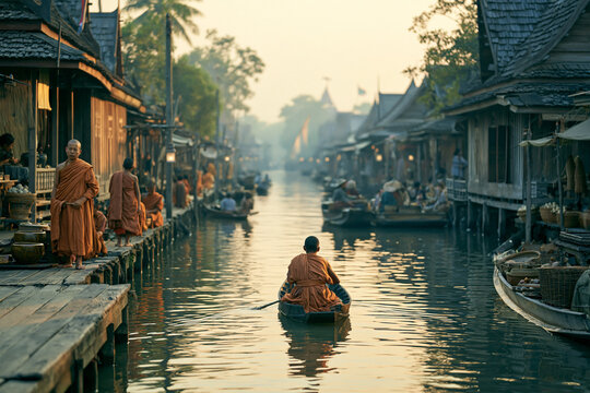 Serene evening at the floating market with monks and vibrant boat life