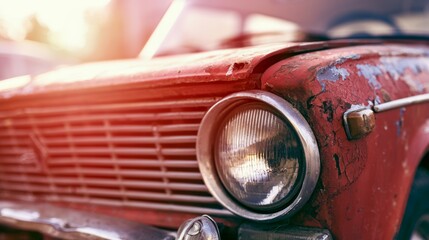 Fototapeta premium Close up of a decaying red car hood and headlight with rusted metal and weathered paint demonstrating the aging process