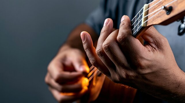 Person's hands playing ukulele, fingers pressing frets on wooden string instrument with warm lighting during musical performance