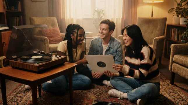 Laughing friends hold vinyl record near retro turntable in cozy living room