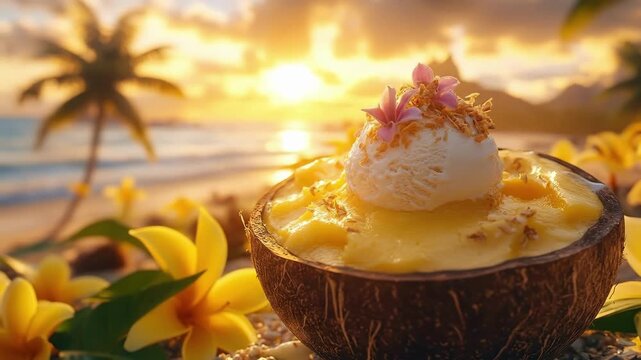 Tropical sunset with coconut ice cream dessert on beach