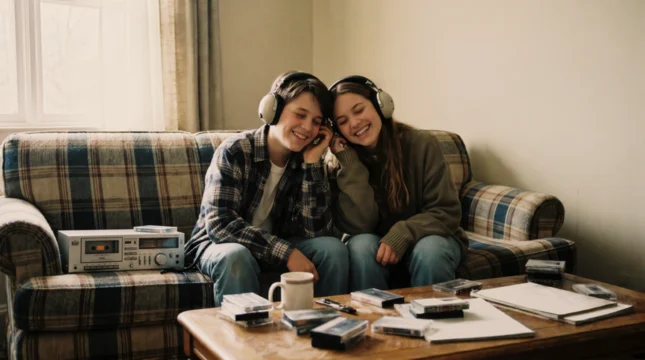 Laughing couple share music wearing headphones near vintage cassette tape deck