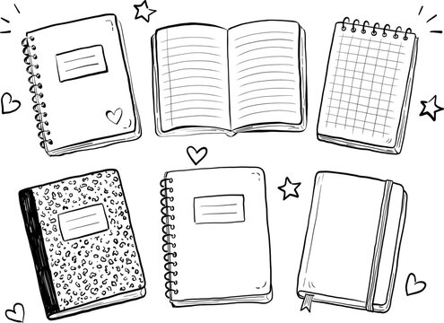 Notebook doodle hand drawn icon set. Outline drawing notebooks line clipart symbol. Isolated doodle exercise book. Vector illustration