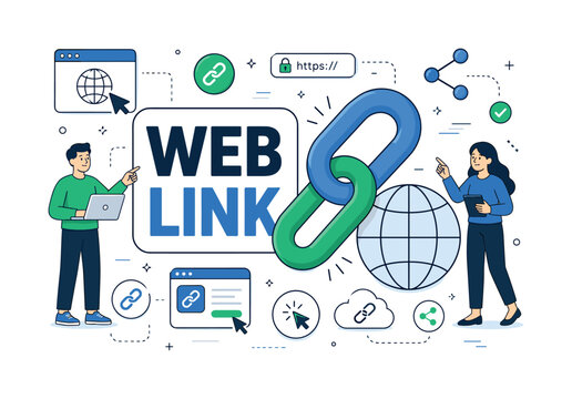 Web Link Icons Link Web Icons banner with large chain link symbol and globe icon, small web connection nodes and cursor elements around edges, bold uppercase WEB LINK text inside rounded rectangle