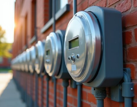 Row of digital electric meters on brick wall with sunlight. Modern energy measurement devices installed on building exterior. Utility hardware provides electricity usage data.