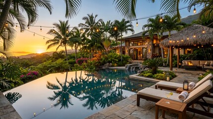 Fototapeta premium Tropical sunset paradise with pool, lounge chairs, and palm trees in.