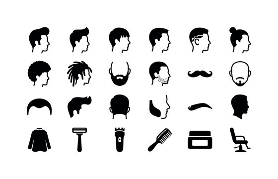 Avatar Grooming Shapes. Solid glyph icon set of profile icons with male faces and hairline: pompadour head, quiff head, fringe head, crew cut head, taper fade head, top knot head, afro head, dreadlock