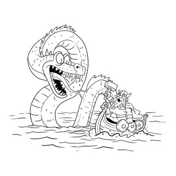 Black and white line art of Thor holding his hammer Mjolnir in a Viking longship while facing Jormungandr, the giant Norse sea serpent.