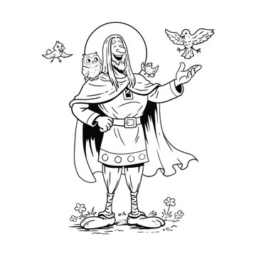 Black and white line art of Baldr, the radiant Norse god of light, standing beneath the sun surrounded by birds, an owl and flowers.