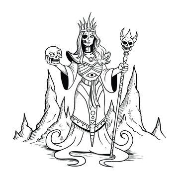 Black and white line art of Hel, the half-living and half-dead Norse goddess of the underworld, holding a skull and skeletal staff.
