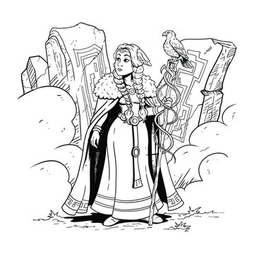 Black and white line art of Frigg, Norse goddess of marriage and motherhood, holding a staff beside a falcon and ancient runestones.