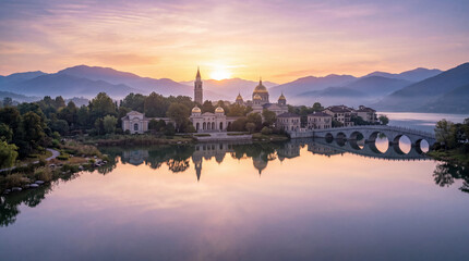 Fototapeta premium Serene Sunrise Lake with Stone Pavilion Reflection and Flying Birds