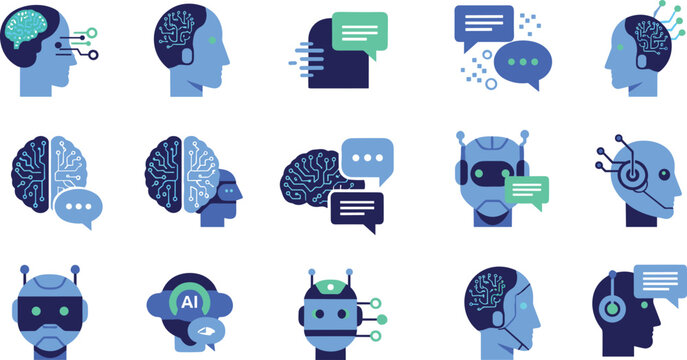  Artificial intelligence chatbot and machine learning flat icons set for tech customer support virtual assistant application vector