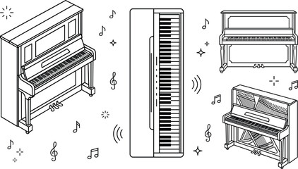 Piano musical instrument vector bundle featuring minimalist black line art outline acoustic upright grand synthesizer keyboard and notes © MdMursalin