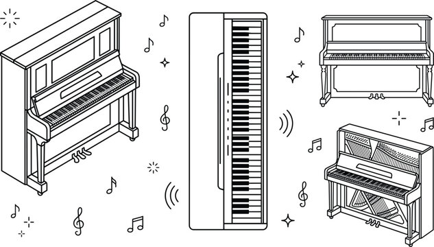 Piano musical instrument vector bundle featuring minimalist black line art outline acoustic upright grand synthesizer keyboard and notes