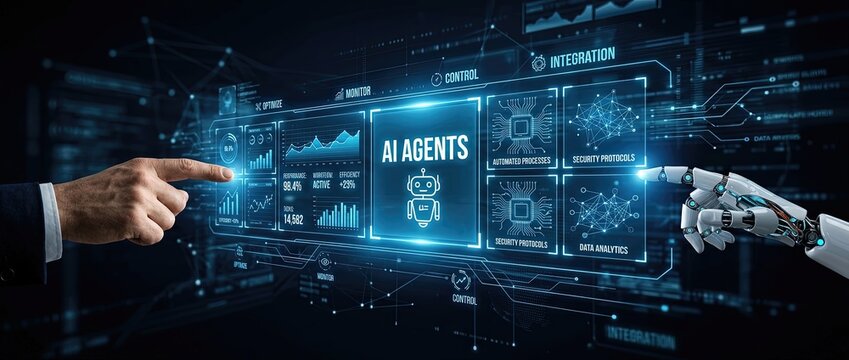 Exploring ai agents integration in business technology digital workspace interactive environment futuristic viewpoint enhancing automation and decision-making processes