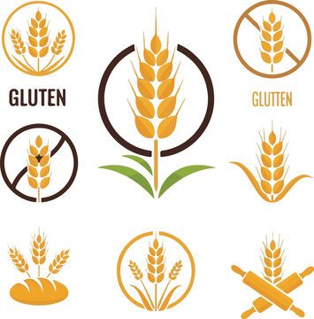 Gluten free icon set with wheat ears and agriculture symbols