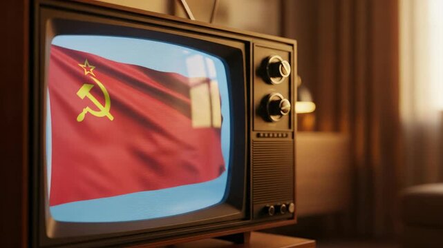 Vintage Television Showing Soviet Union Flag Waving