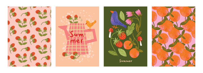 Summer Poster Set, Strawberry and Orange Patterns, Watering Can, Bird, Flowers, Mushrooms, Leaves. Cute summertime clip art. Textured flat graphic vector illustration, crayon lettering. © roze ultra