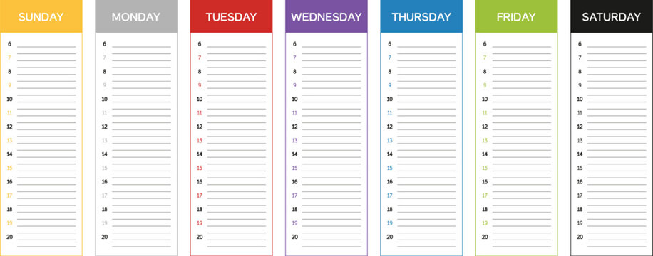 Daily schedule planner with time slots 6am 8pm for 7 days