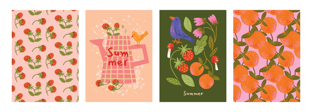 Summer Poster Set, Strawberry and Orange Patterns, Watering Can, Bird, Flowers, Mushrooms, Leaves. Cute summertime clip art. Textured flat graphic vector illustration, crayon lettering.