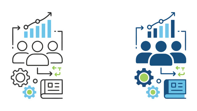 Business data analysis and workflow optimization process with technical gears and report documentation illustrated as a professional vector icon for corporate performance reporting
