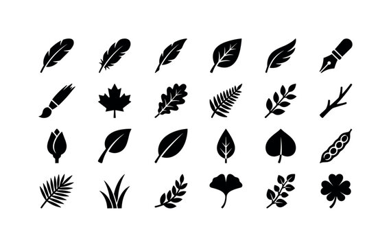 Plume Color Glyphs. Solid glyph icon set of feather and foliage forms: feather, plume, quill, leaf, wing feather, ink pen, brush stroke, maple leaf, oak leaf, fern frond, sprig, twig, bud, petiole,