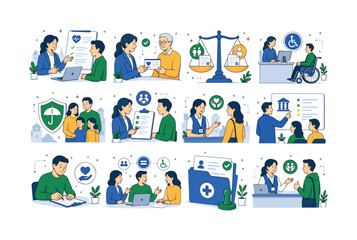 Fototapeta premium Social Policy Support. Healthcare policy, equality, justice, disability support, social insurance, public care, and community services. 12 minimalist editorial vector scenes: policy worker explains