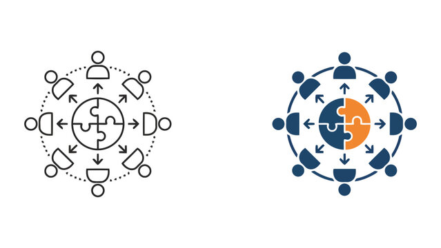Group of people connected to circular puzzle diagram icon illustration for team integration