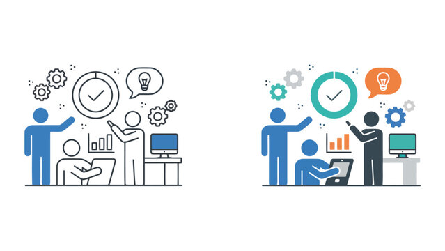 Business team collaborating on project with charts and tools icon illustration for teamwork