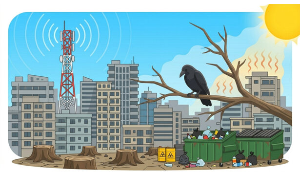 Environmental Crisis in Dhaka Lonely Crow Urban Pollution Vector Illustration
