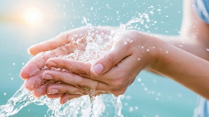 Fototapeta premium Person's hands splashing fresh clear water, drops flying in air, reflecting sun, promoting purity and well being