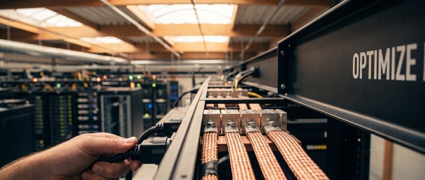 Data center server power cable connection by technician hand plugging system in server room racks for cloud network infrastructure optimization, maintenance, hardware support, and database operations.