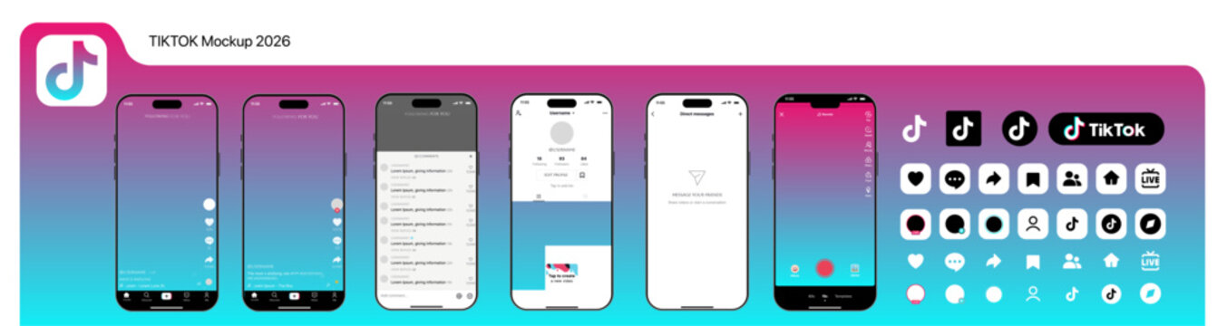 TikTok Mobile App Interface Template 2026 on Apple iPhone Mockup. Social Media Page Mockup Template. Editorial Vector Illustration