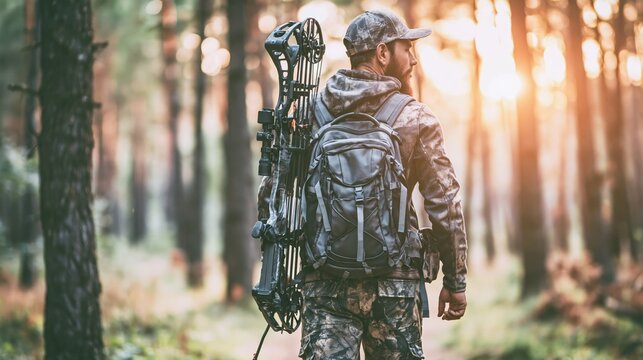 Hunter walking through sunlit forest carrying compound bow and backpack, preparing for outdoor adventure in nature