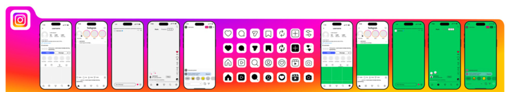 Instagram mockup social media post template. Instagram new grid size template update 2026. Instagram post reels story template frame with phone mock up. Social network instagram app