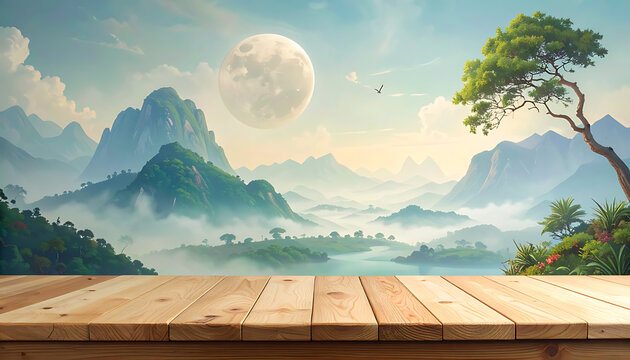 Misty mountain landscape with a large full moon, foreground wooden table, serene nature, pixel art style