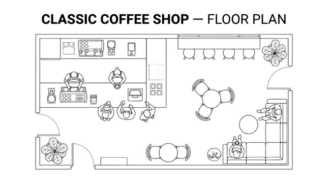 Classic coffee shop floor plan vector, architectural cafe layout with furniture and seating, top view restaurant interior design blueprint